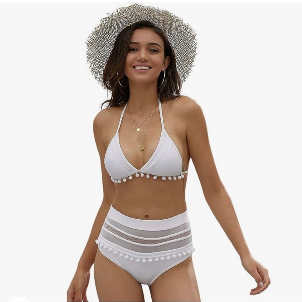 Xiaojie Womens Mesh  Stripe  Trim 2 Piece Bikini High Waist Sexy Padded …
